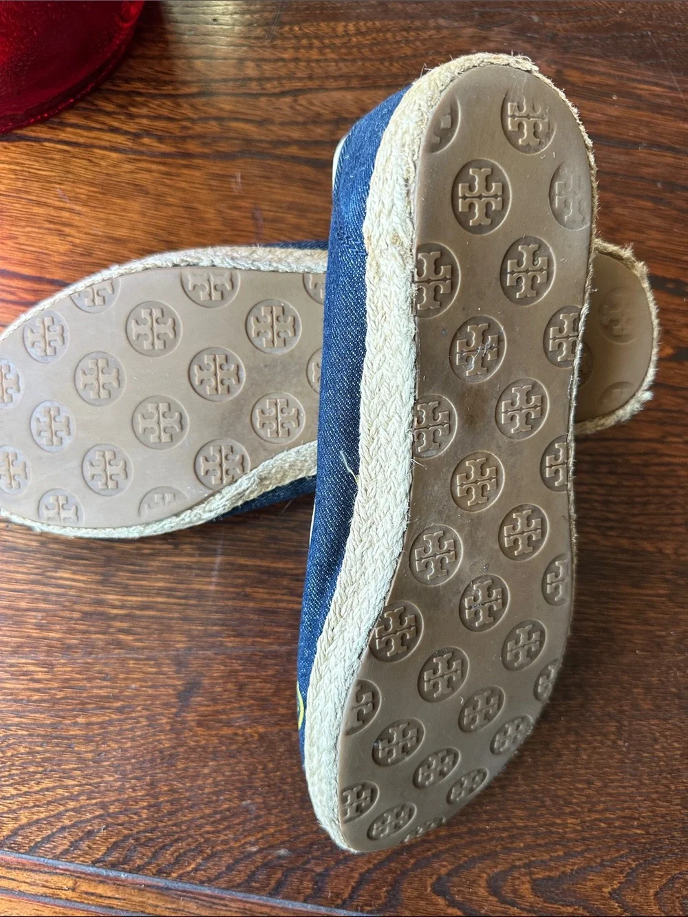 Tory Burch Navy Denim Espadrille Slip-Ons with Red Graphic
